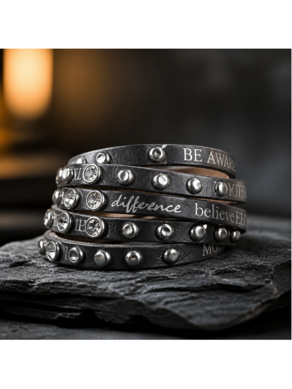 Vintage Leather GoodWorks Wrap Bracelet Black Silver Rhinestone Positivity Boho